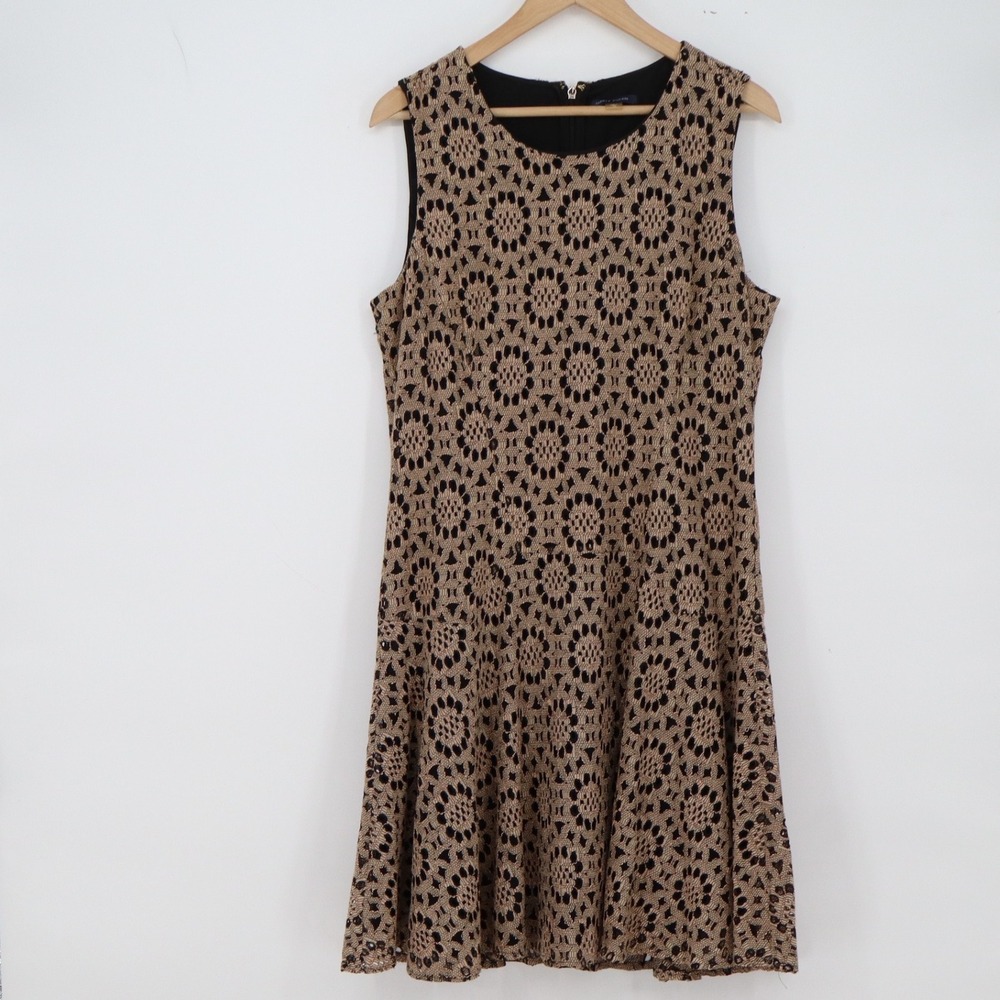 Tommy Hilfiger Dress Womens 14 Fit & Flare Tan Black Lace Sleeveless Excellent